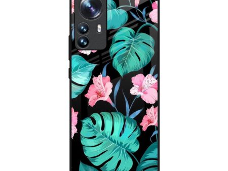 Tropical Leaves & Pink Flowers Glass Case for Mi 12 Pro 5G Online Sale