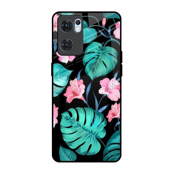 Tropical Leaves & Pink Flowers Glass Case for Oppo Reno7 5G Fashion