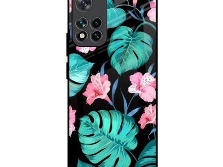 Tropical Leaves & Pink Flowers Glass Case for Mi 11i HyperCharge Online Sale