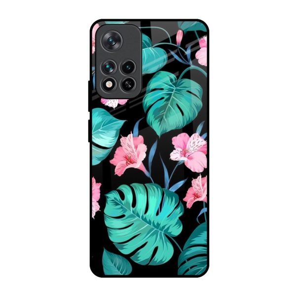 Tropical Leaves & Pink Flowers Glass Case for Mi 11i HyperCharge Online Sale