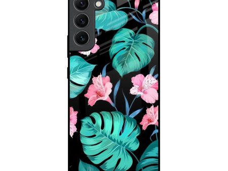 Tropical Leaves & Pink Flowers Glass Case for Samsung Galaxy S22 Plus 5G For Sale