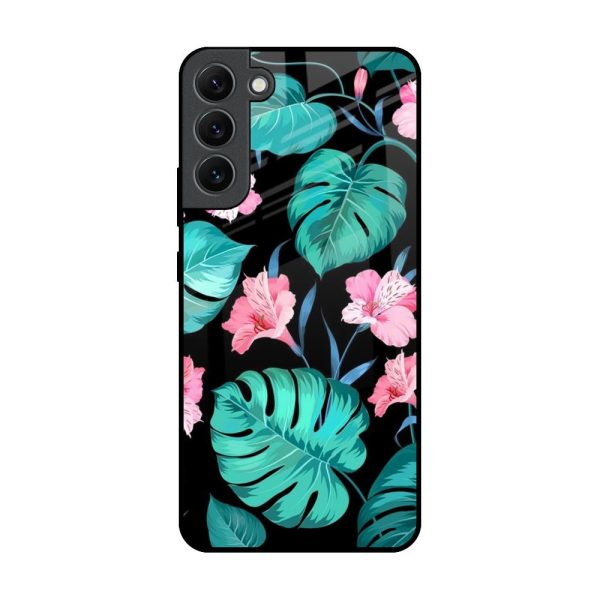 Tropical Leaves & Pink Flowers Glass Case for Samsung Galaxy S22 Plus 5G For Sale