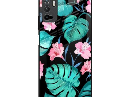 Tropical Leaves & Pink Flowers Glass Case for Poco M3 Pro Online Sale