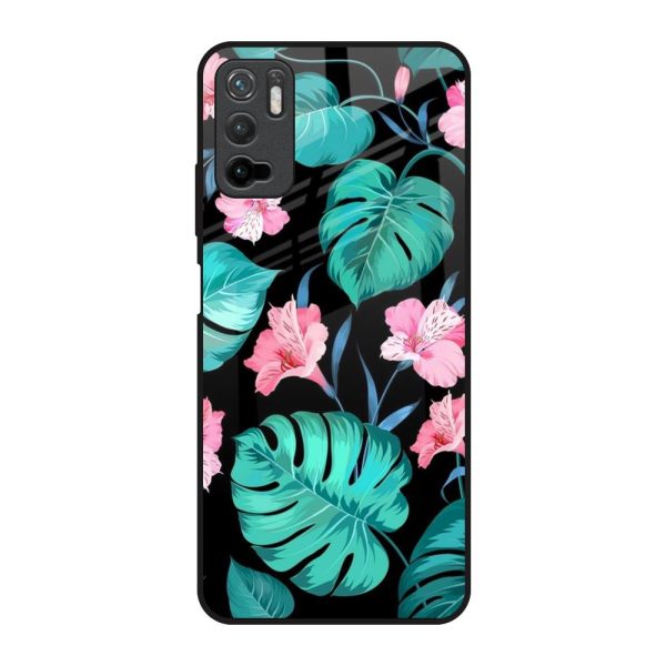 Tropical Leaves & Pink Flowers Glass Case for Poco M3 Pro Online Sale