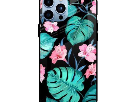 Tropical Leaves & Pink Flowers Glass case for iPhone 13 Pro Hot on Sale