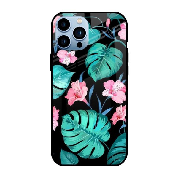 Tropical Leaves & Pink Flowers Glass case for iPhone 13 Pro Hot on Sale