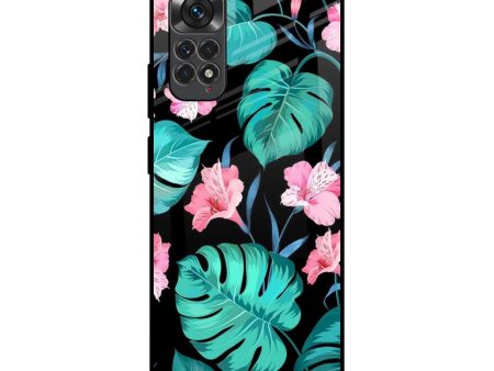 Tropical Leaves & Pink Flowers Glass Case for Redmi Note 11 Online Sale