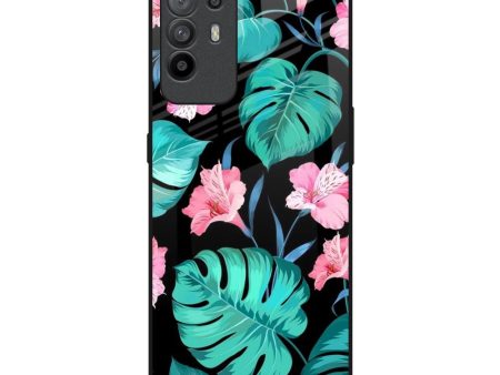 Tropical Leaves & Pink Flowers Glass Case for Oppo F19 Pro Plus on Sale