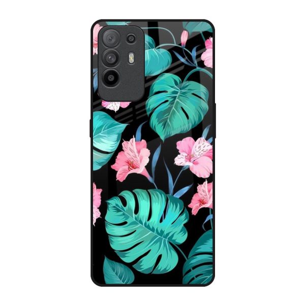 Tropical Leaves & Pink Flowers Glass Case for Oppo F19 Pro Plus on Sale