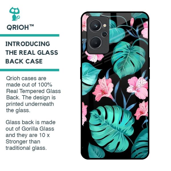 Tropical Leaves & Pink Flowers Glass Case for Realme 9i For Sale