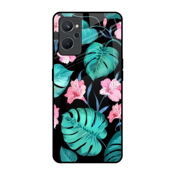 Tropical Leaves & Pink Flowers Glass Case for Realme 9i For Sale