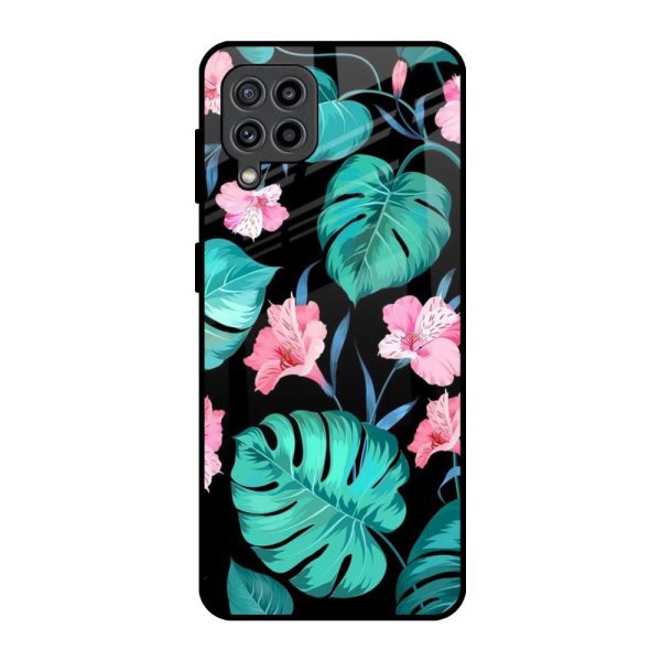 Tropical Leaves & Pink Flowers Glass Case for Samsung Galaxy M32 Online Hot Sale