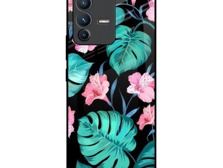 Tropical Leaves & Pink Flowers Glass Case for Vivo V23 5G For Discount