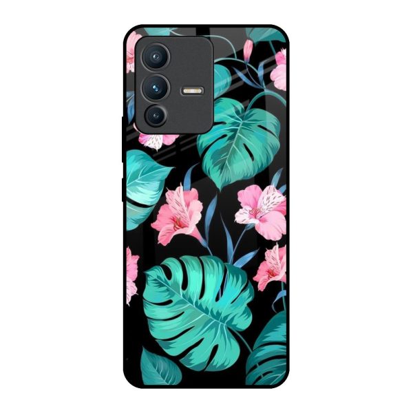 Tropical Leaves & Pink Flowers Glass Case for Vivo V23 5G For Discount