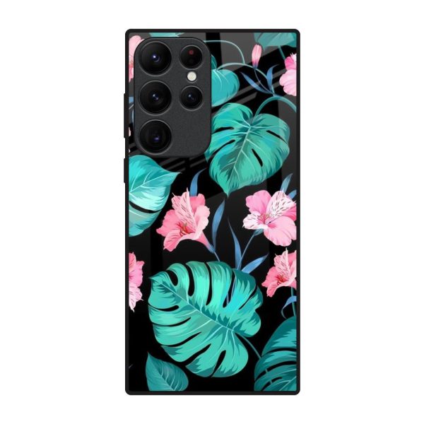 Tropical Leaves & Pink Flowers Glass Case for Samsung Galaxy S22 Ultra 5G Online